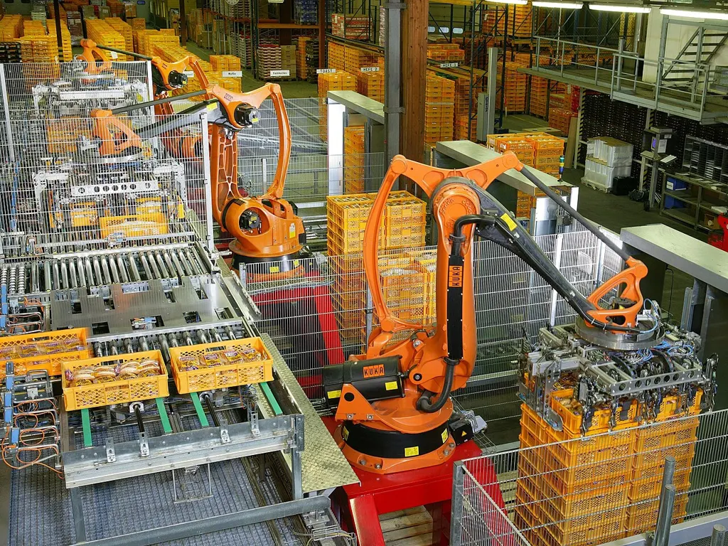Robot palletising cell with orange robot arms stacking yellow crates next to conveyors, with detected objects boxed
