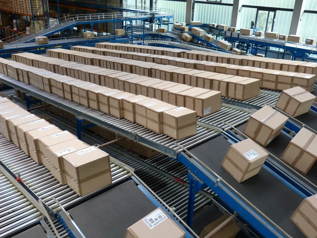 Parcel sorting line with many cardboard boxes on roller conveyors, with detected objects boxed