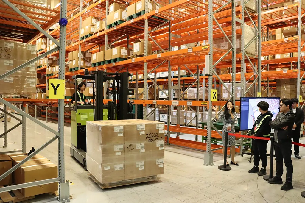 Warehouse floor with a forklift, a wrapped pallet, and people near the racking, with detected objects boxed